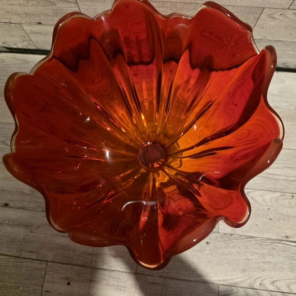 Vintage Art Glass Ruffled Pedestal Bowl - Red and Amber